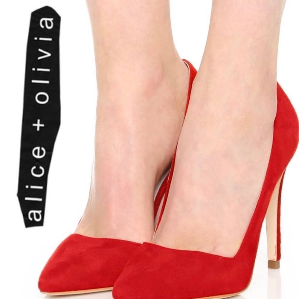 Alice + Olivia Dina‎ Red Suede Heels Sz 35.5/ 5.5